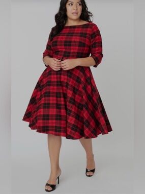 Unique Vintage Plus Size 1950s Red Black Plaid Tartan Swing Dress 3XL Pinup 50s